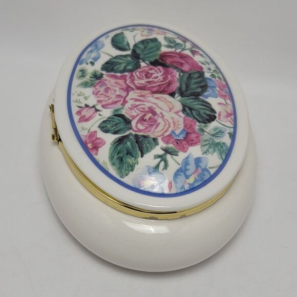 PS 1998 Vintage Floral Porcelain Ceramic Ova Trinket Box Music Jewelry Case - Picture 8 of 12